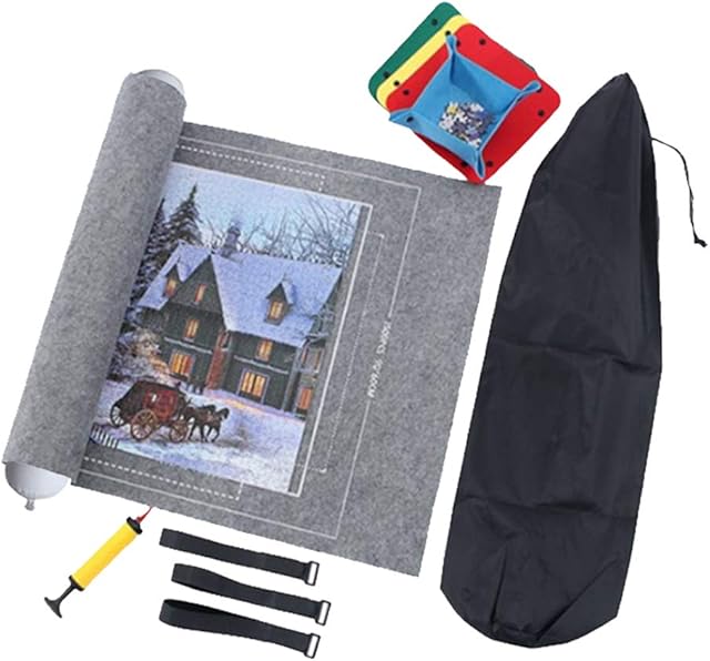 TINYOUTH Jigsaw Puzzle Board Set for 1000/1500/2000pcs Puzzle, 1.5mm Foldable Jigsaw Mat Puzzle Storage with Puzzle Trays/Inflator/Bag/Straps for Round Square & Rectangle Puzzle, Grey