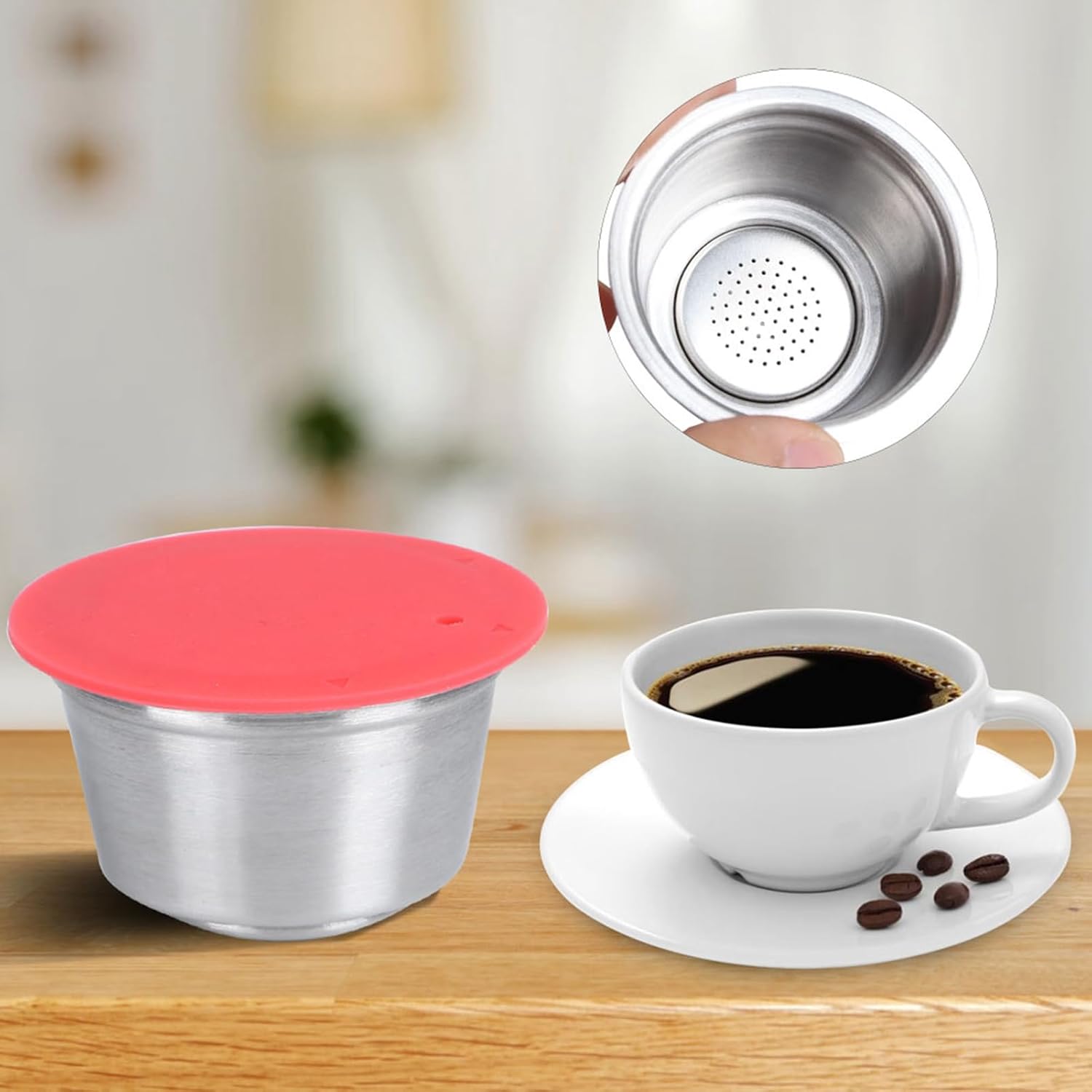 Oumefar Reusable Coffee Capsules, Coffee Capsule Pods Stainless Steel Reusable Coffee Pods with Silicone Lid Refillable Coffee Capsule Cup Fit for Coffee Maker(Red) image 3