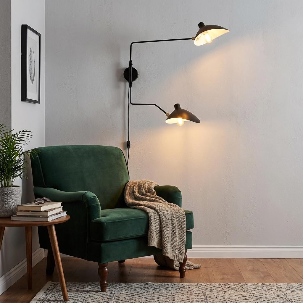 BARCELONA LED Applique da Parete Nera in Ferro a Doppio Braccio E27, Lampada da Parete Grande con Cavo e Interruttore, Design Classico Moderno Vintage di Lusso per Interni