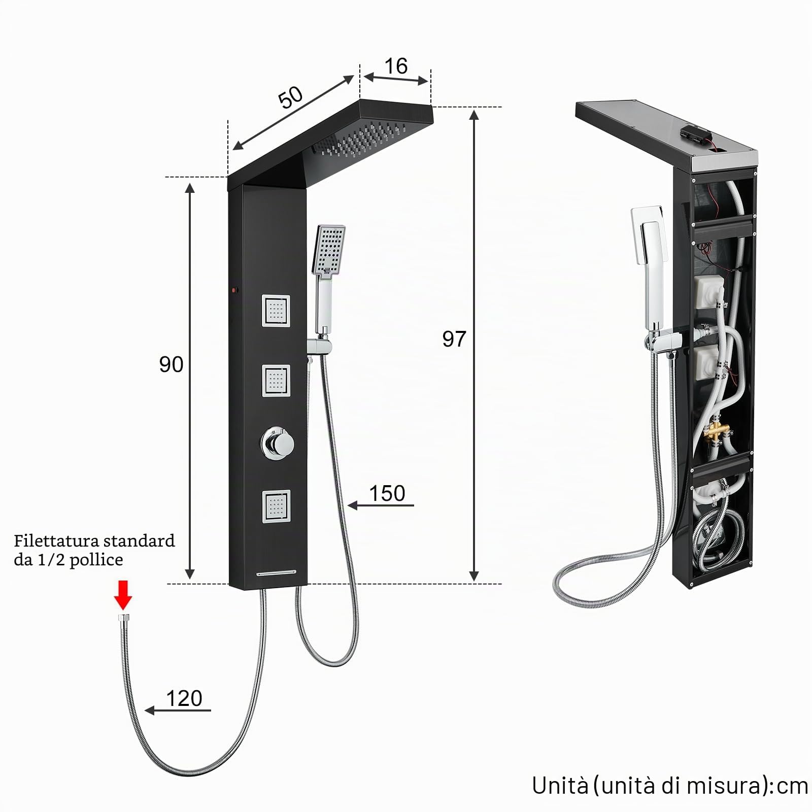Pannello doccia LED senza rubinetto, 4 funzioni, pannello doccia con doccia a pioggia LED, 3 ugelli massaggianti, doccetta e ingresso vasca da bagno, colonna doccia in acciaio inox 304