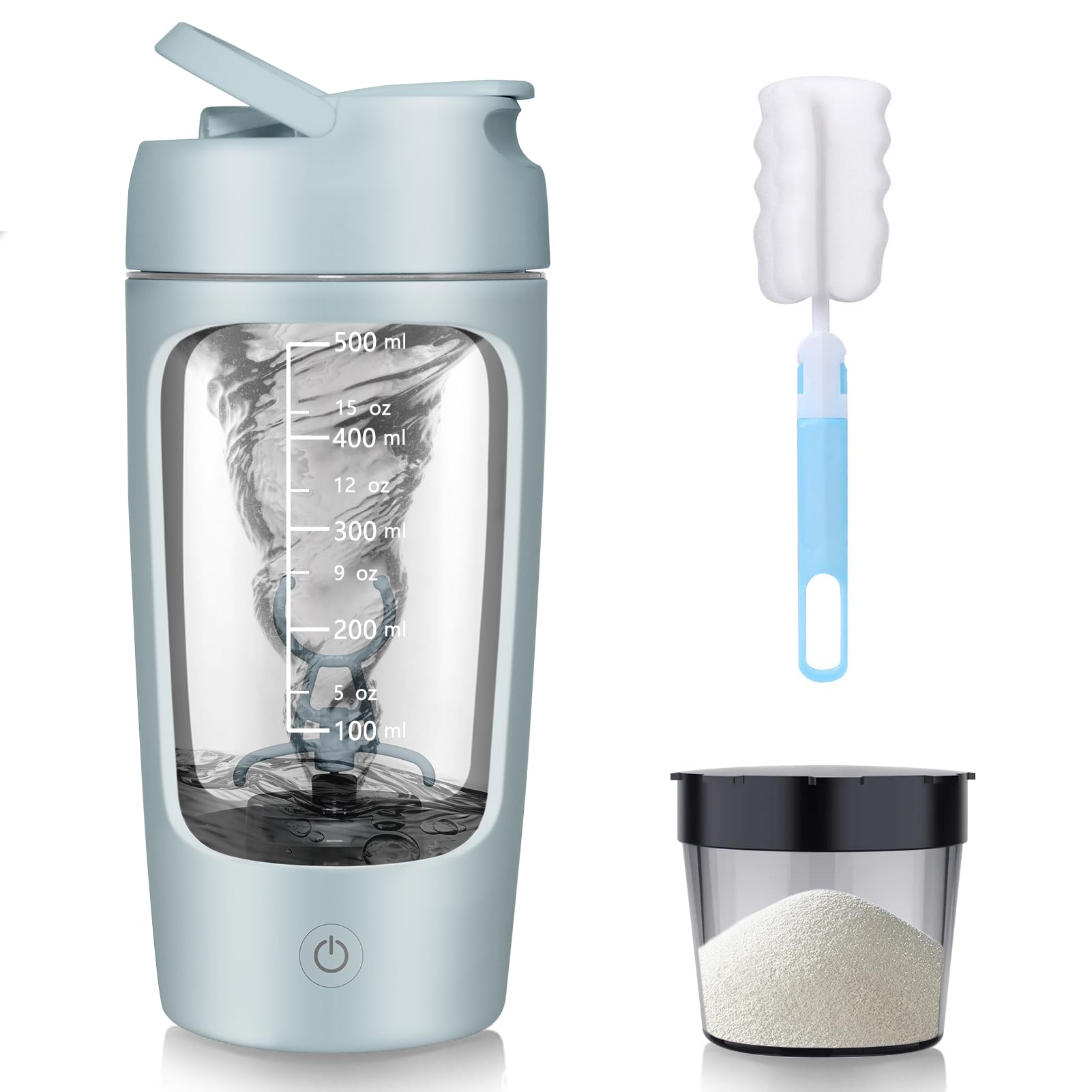 Shaker Électrique Protéine, 650ml Shaker Électrique, Compartiment à Poudre | Bouteille Shaker de Protéines Rechargeable USB C, Anti-Fuite, Tritan sans BPA, pour Shake Protéiné, Sport & Fitness, Bleu