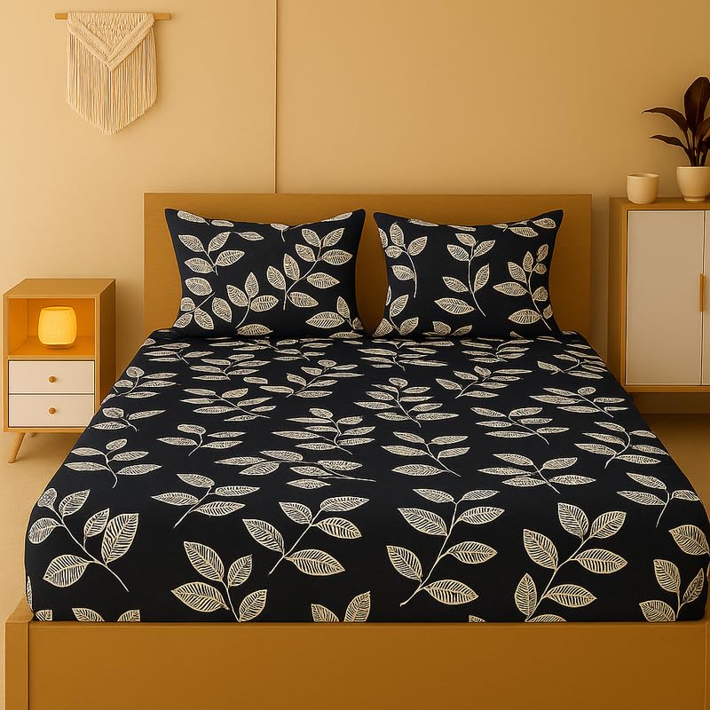 Image of NEW LEAF 320 TC Cotton All Around Elastic Fitted Printed Bedsheets King Size, Premium Fitted Bedsheets King Size for Double Bed with 2 Pillow Covers, Size- 78 inch x 72 inch Pure Black