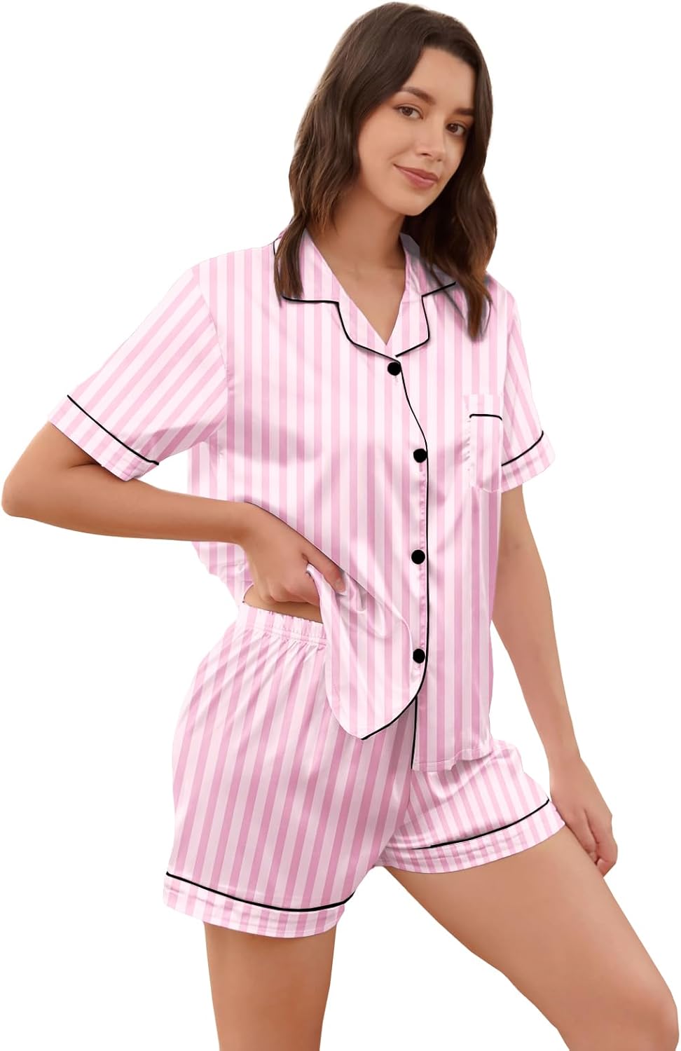 Betusline Women's Satin Pajama Set - Short Sleeve & Shorts Sleepwear, Silky Comfy Soft Pj Lounge Sets,US XS- US XXL