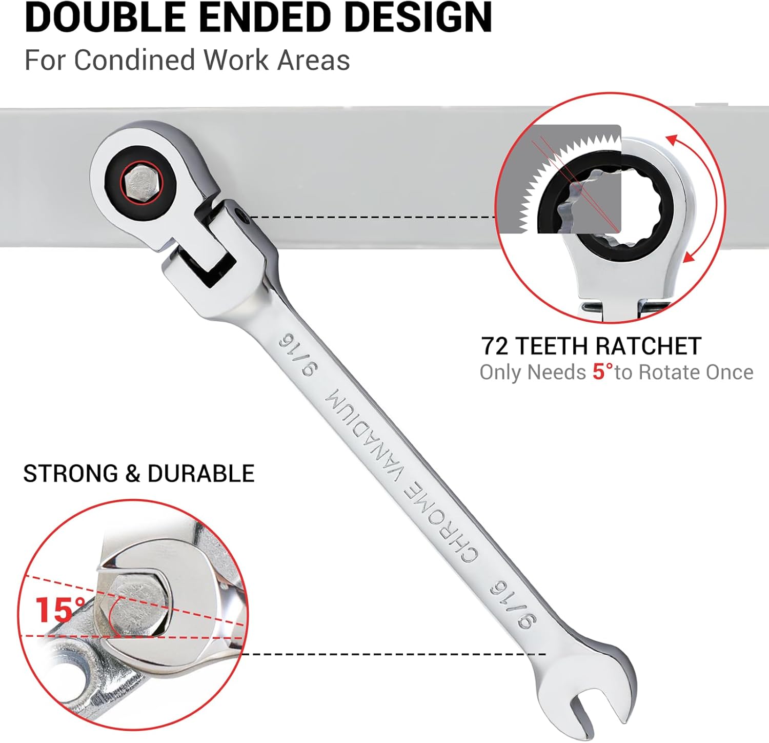 Pilida 9/16 Inch Ratcheting Wrench SAE Flexible Head Gear Combination Wrench 72 Teeth ratcheting box Spanner Chrome Vanadium Steel