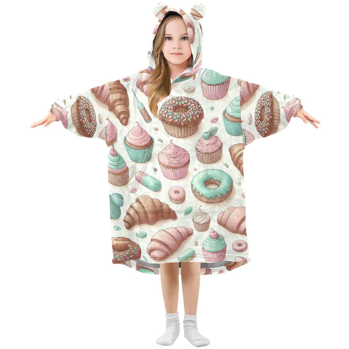 Cupcake Donut dziecięcy koc do noszenia z kapturem, oversize, bluza z kapturem, sweter, różowy, obraz, dla chłopców i dziewcząt w wieku 3-14 lat, multi, 150-170
