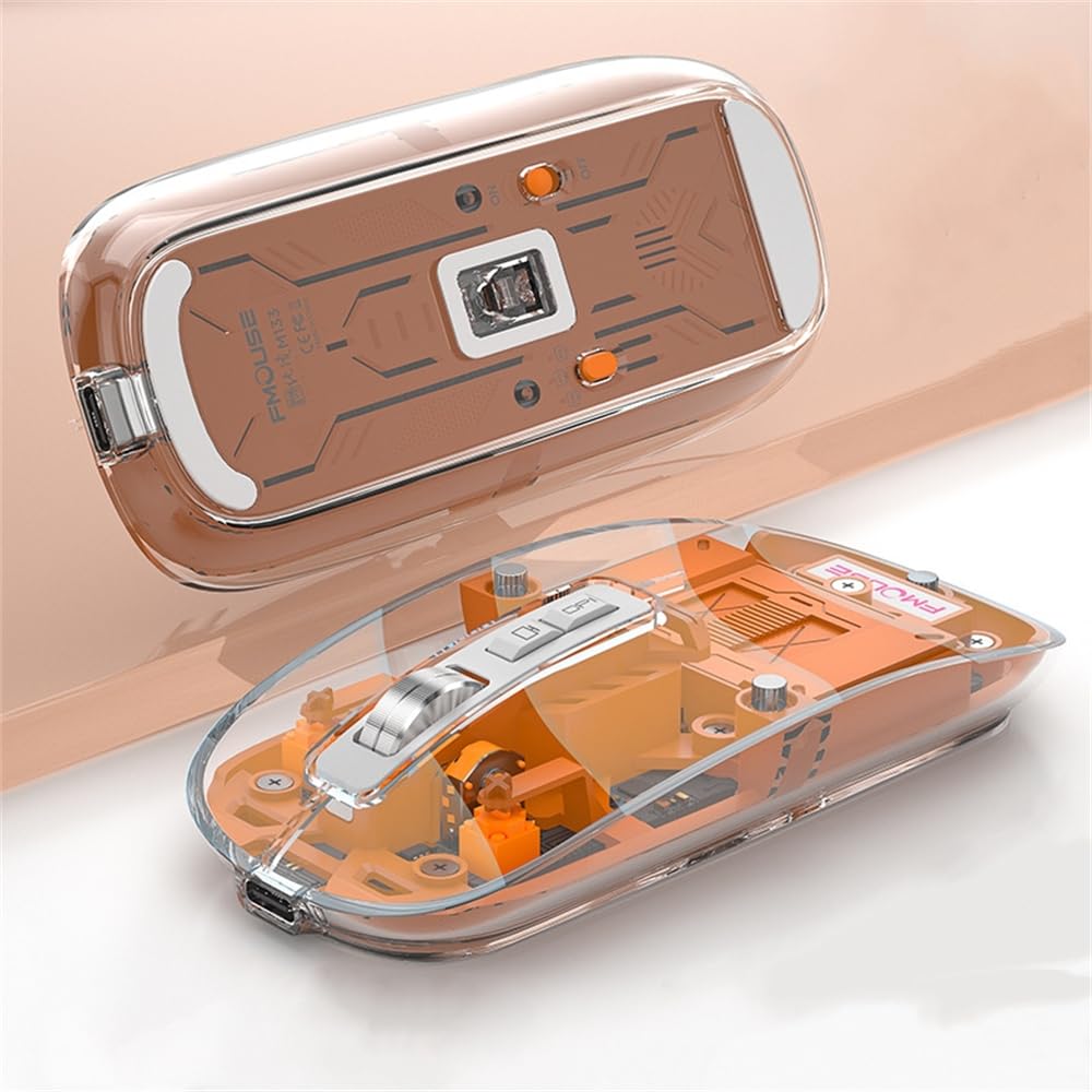 Azonee Wireless Bluetooth Mouse, Tri-Mode (BT1+BT2+2.4G) USB C Rechargeable Computer Mouse, Full Transparent Portable Silent Mouse with USB Receiver for Laptop PC Computer Macbook (Orange)