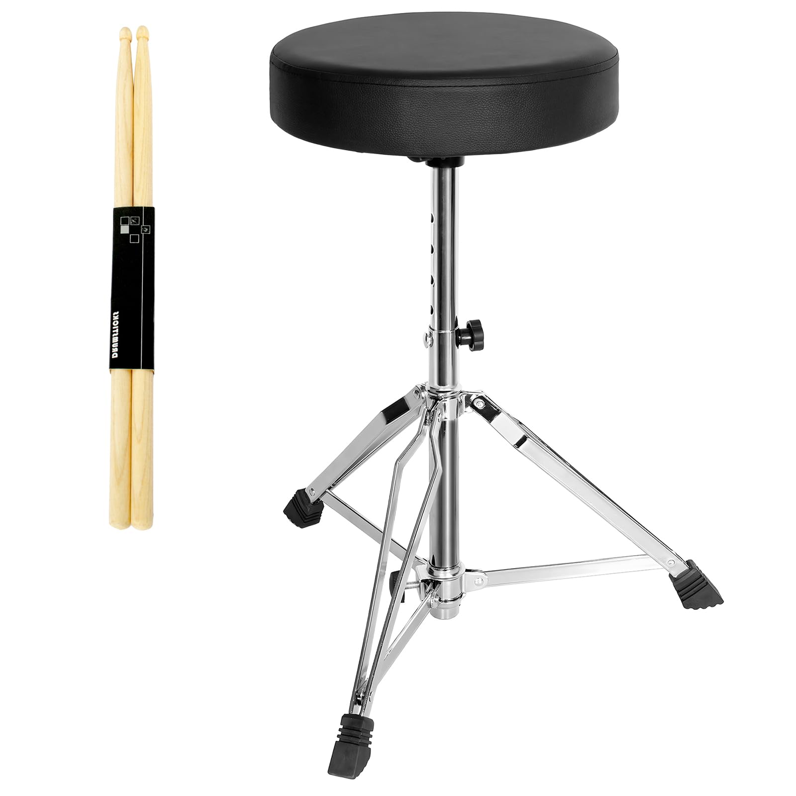OUUTMEE Drum Trone taboret perkusyjny, wyściełane siedzisko, 46 do 58 cm, z regulacją wysokości, okrągły blat, krzesło perkusyjne ze stabilną podstawą statywu, perkusją i graczem na keyboardzie