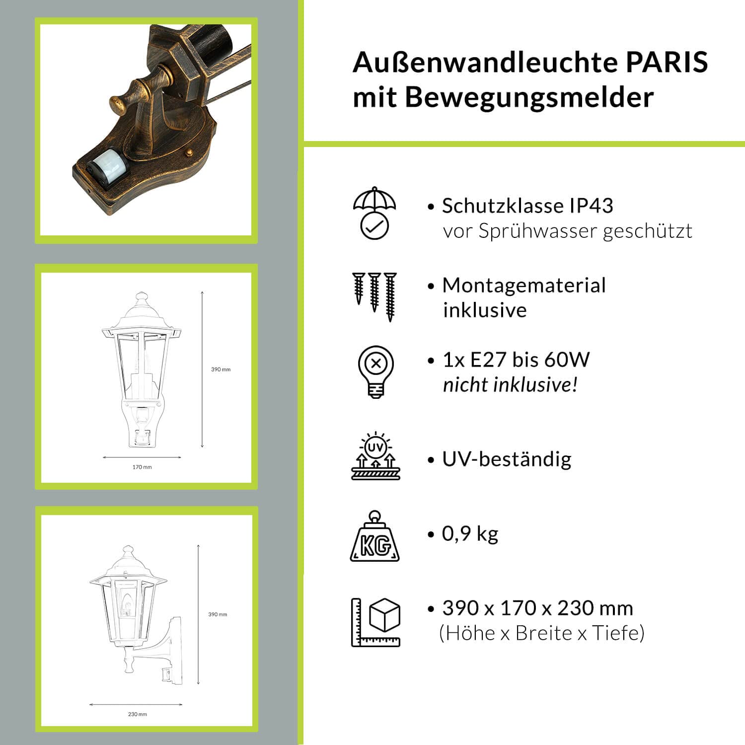 Licht-Erlebnisse Wandaußenleuchte mit Bewegungsmelder Aluminium Glas in Kupfer Antik IP44 Garten T:23 cm E27 Sensor Rustikale Wandlampe Outdoor PARIS