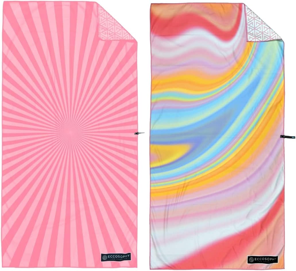 ECCOSOPHY Bundle of 2 Large 71x35 inch Microfiber Beach Towels with Travel Pouch.