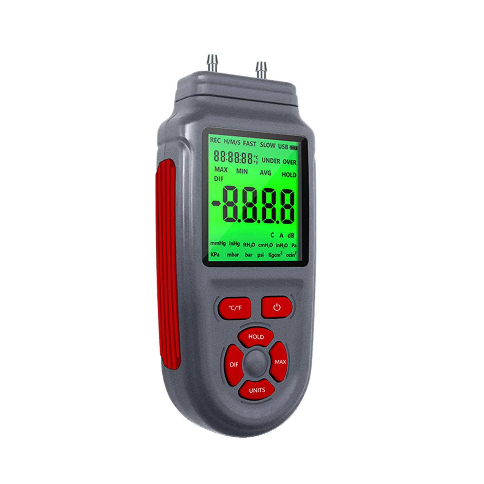 Manometro digitale a doppia porta con display LCD retroilluminato, misurazione della temperatura, alimentazione tramite USB o a batteria, ideale per applicazioni HVAC e indust