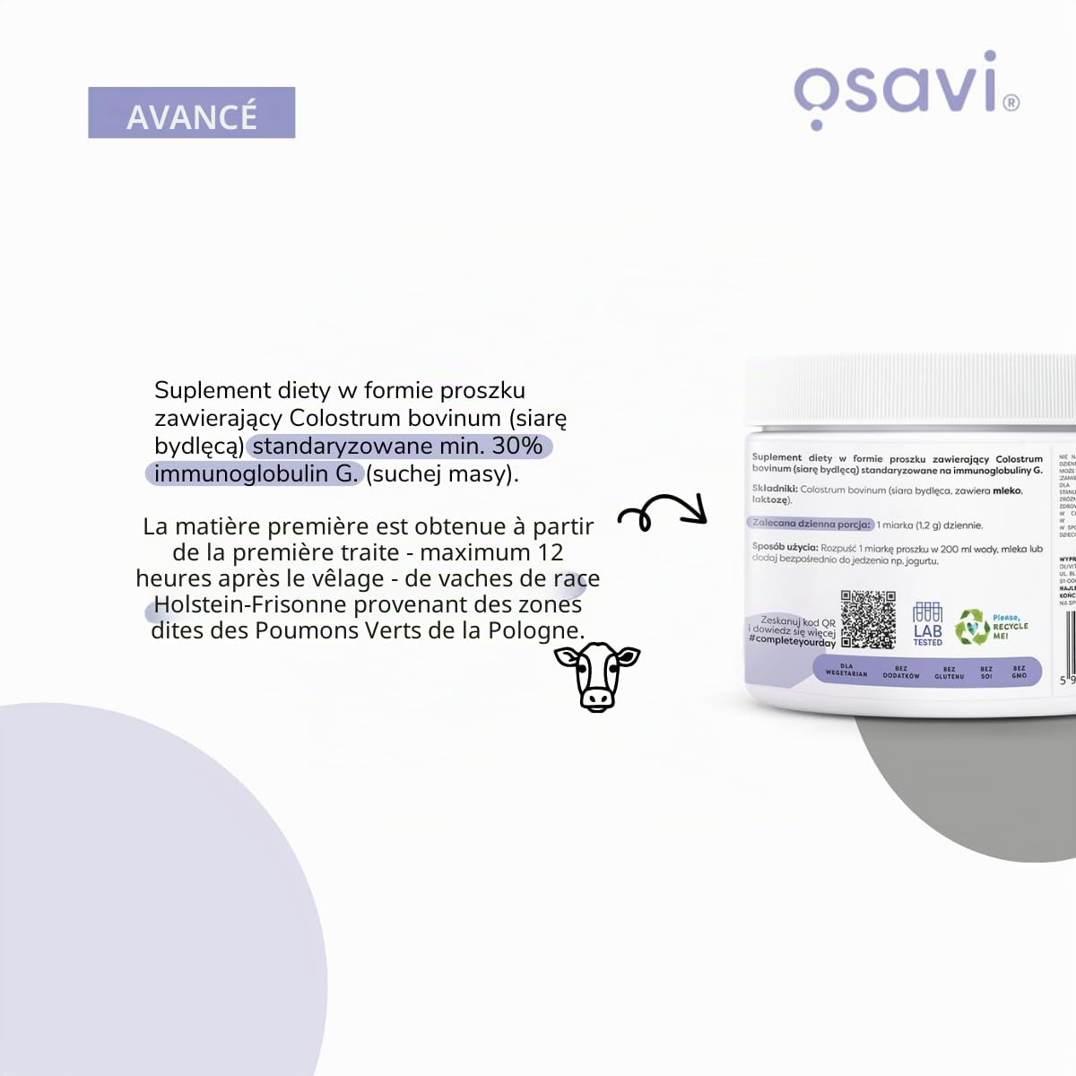 Osavi Colostrum 1200 mg - 100 g de poudre | Colostrum bovin riche en immunoglobulines G pour le soutien du système immunitaire | Renforce les défenses naturelles et améliore l'immunité