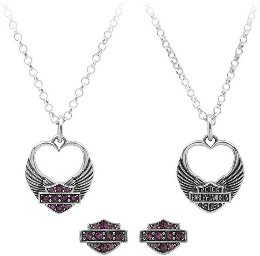 Harley-Davidson Womens Winged Heart Necklace & Earrings Gift Set, Purple HDS0003