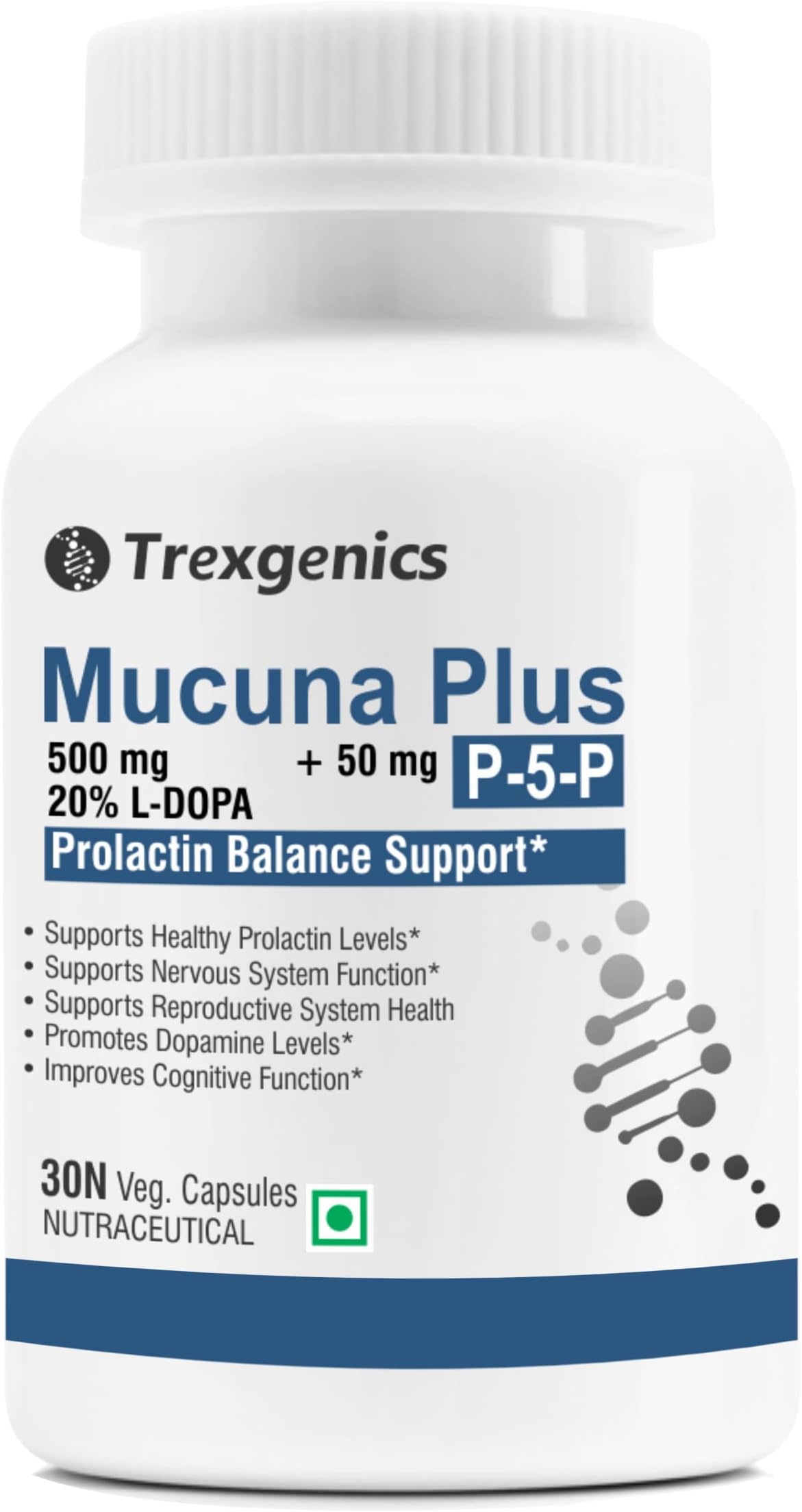 Trexgenics MUCUNA 20% L-DOPA 500 mg, P5P 50 mg Prolactin Support, Cognitive Function VEGAN & NON-GMO (30 Veg. Capsules) (Pack of 1)
