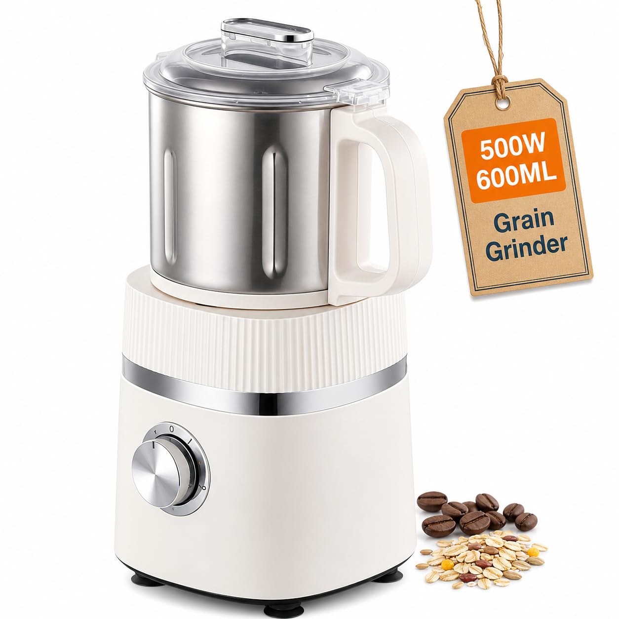 Elektryczny młynek do zboża Młynek na mokro i na sucho 500 W, 600 ml, stal nierdzewna, podwójne ostrza, do domowej kuchni Kawa/Przyprawy/Orzechy/Surowe white