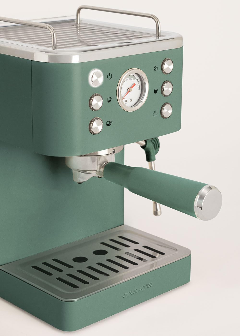 CREATE / THERA CLASSIC COLD BREW/Cafetera express verde sage/Función café frío, depósito 1,5L, brazo vaporizador, doble salida, semiautomática, café molido y monodosis ESE 55mm manómetro, 1350W