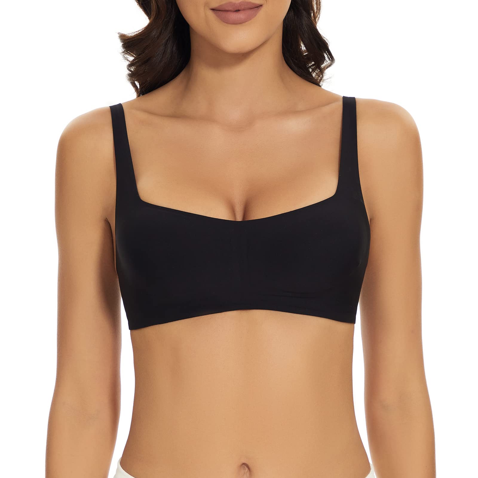 Seamless Bralette for Women Comfort No Show Square Neck Stretch Wireless Bra with Removeable Padding, Black, M