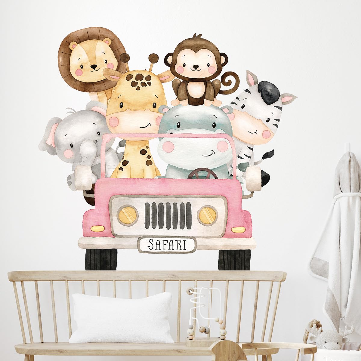 SHUCHING Safari Animals Car Wall Stickers Peel and Stick, Jungle Animals Wall Decals, Removable Vinly Wall Decorations for Baby Kids Bedroom Nursery Playroom Classroom