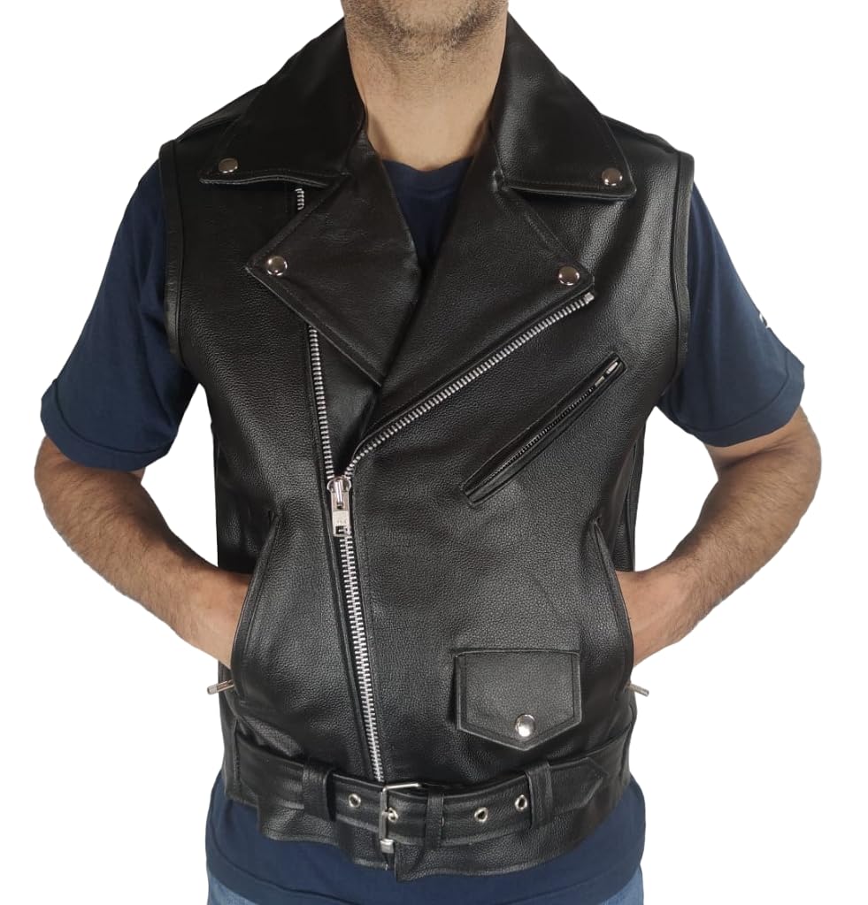 WinNet Gilet vera pelle smanicato stile giacca chiodo per moto custom vintage cafè race
