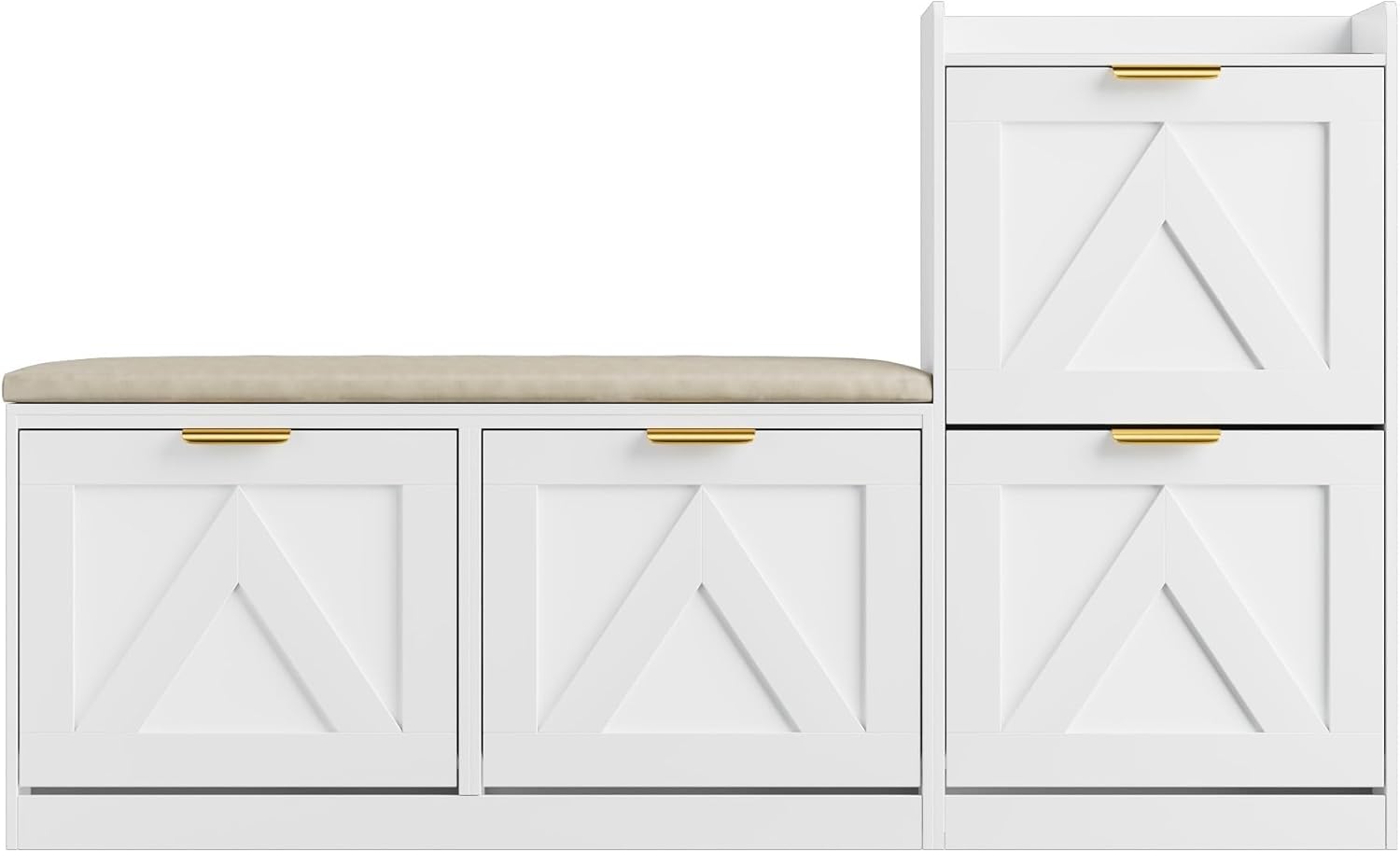 Garvee Shoe Storage Cabinet with Bench, 4 Flip-Drawer Entryway Shoe Organizer with Adjustable Left/Right Cushioned Seat & Removable Shelves, Narrow Hallway Storage for 35-40 Pairs, White