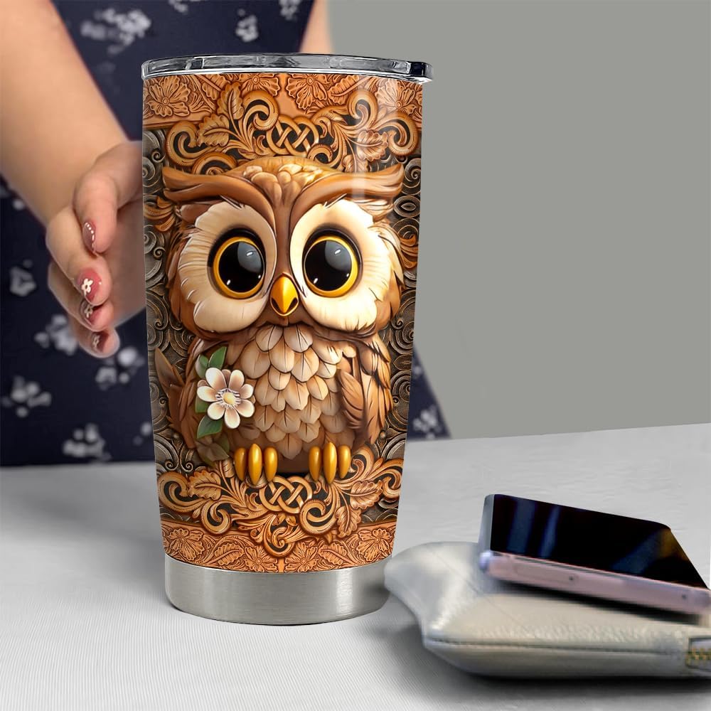 SANDJEST Owl Tumbler 20oz Owls Gifts for Women Girl Owl Wood Drawing Stainless Steel Insulated Tumblers Coffee Travel Mug Cup Gift for Birthday Christmas - Image 6