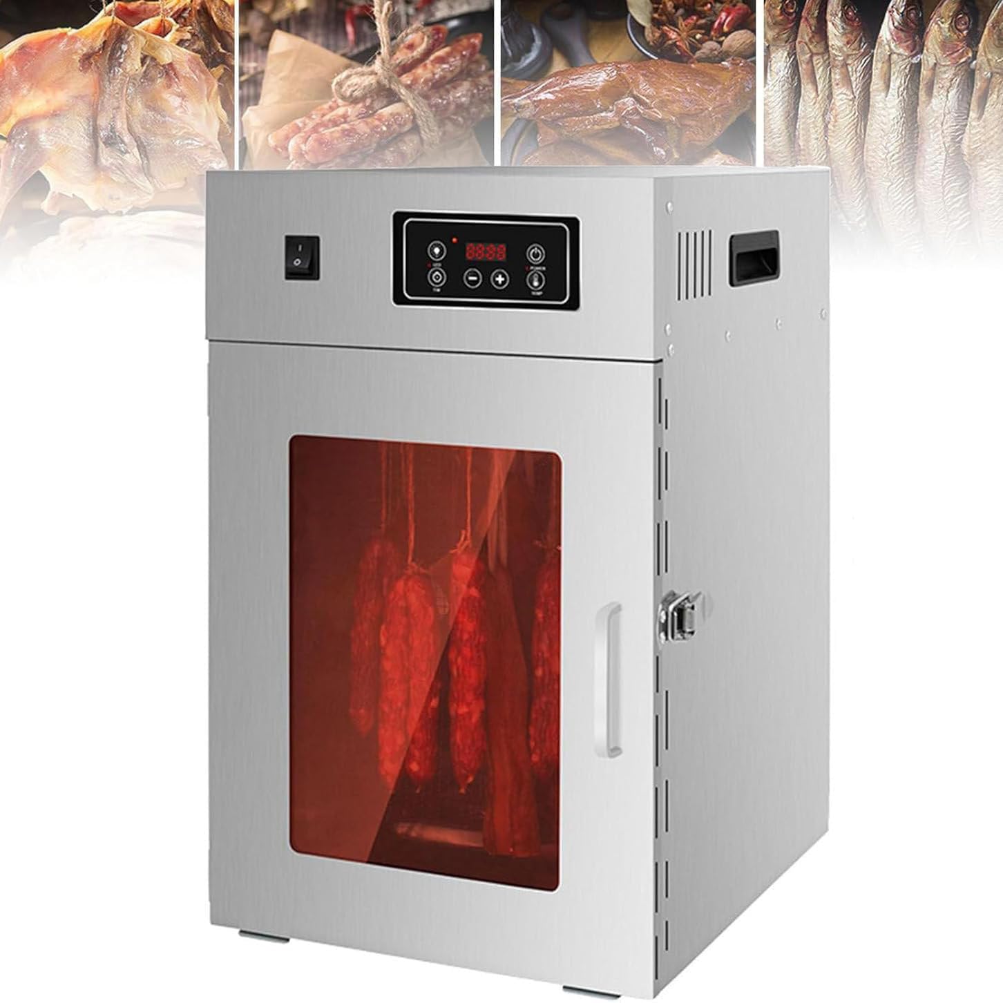 LED Control Panel Food Dehydrator 800W, 360° Rotary Stainless Steel Dryer with 14 Hooks, 86–194 °F Temp Control for Sausage Bacon Chicken