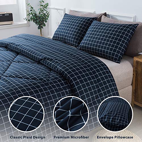 Andency Navy Grid Comforter Queen(90X90 Inch), 3 Pieces(1 Plaid Comforter And 2 Pillowcases) Navy Plaid Comforter Set, Farmhouse Microfiber Down Alternative Bedding Comforter Set… #TOP2