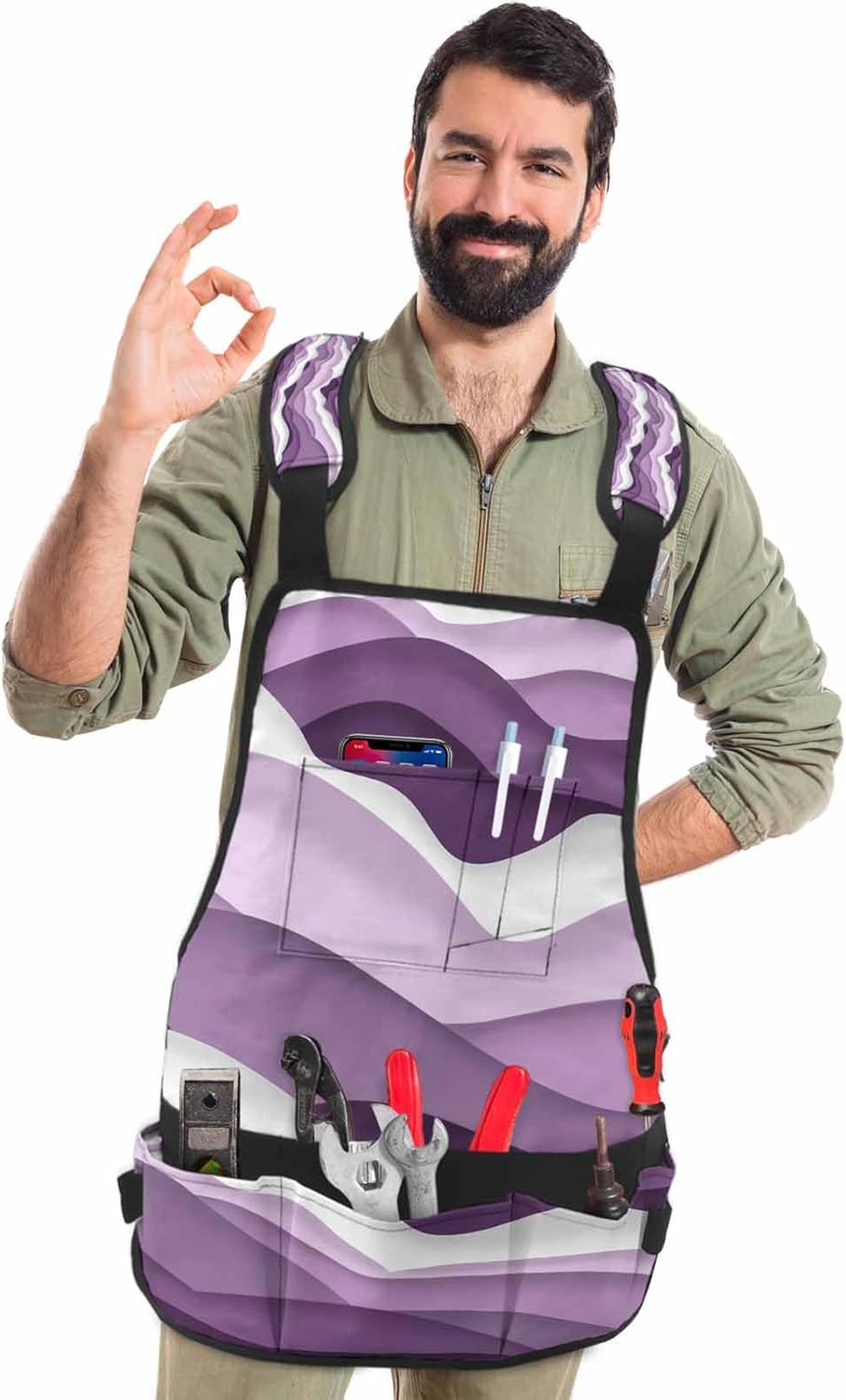 Work Apron for Men Adjustable Woodworking Apron with 16 Pockets Oxford Apron Ocean Wave Texture Gradient Purple Tool Apron