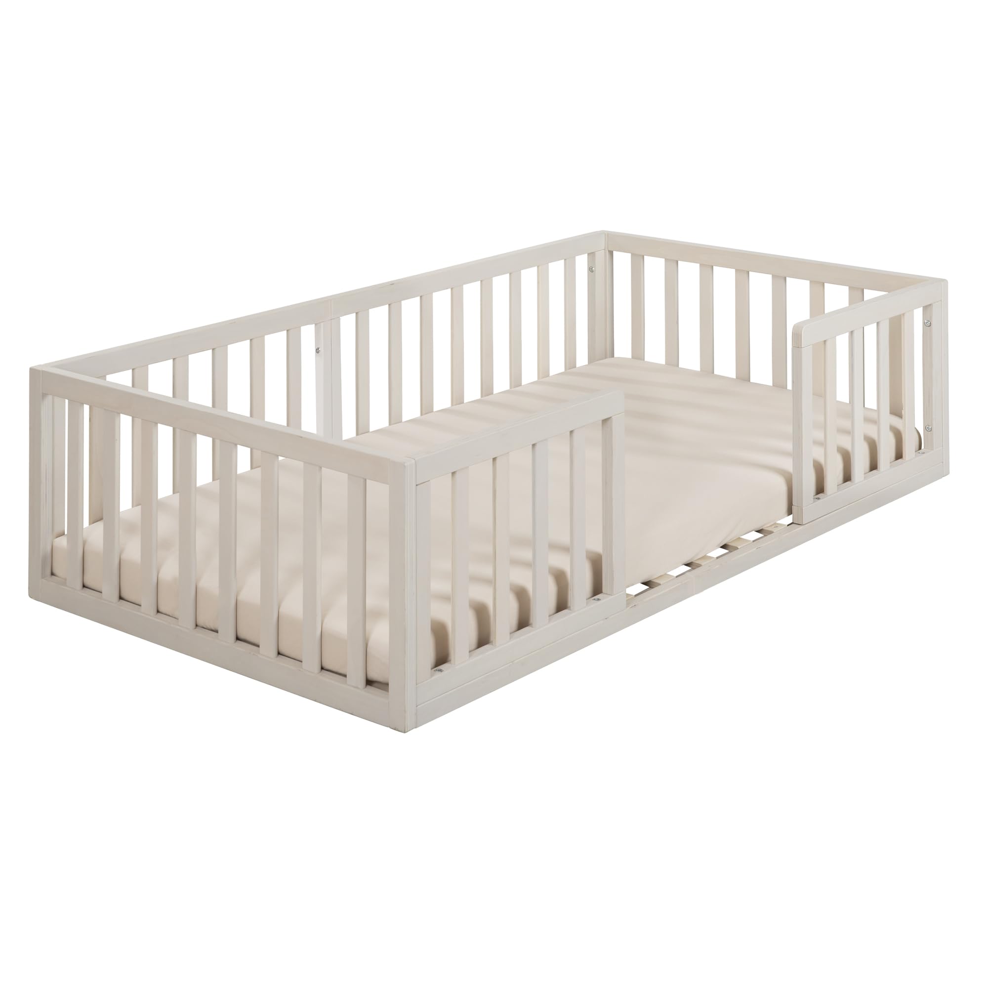 roba Letto Montessori a Pavimento 70 x 140 cm per Bambini - Con Rete a Doghe e Protezione Anticaduta - Concetto di Riposo a Livello del Pavimento per Bambini Piccoli - Stone Washed