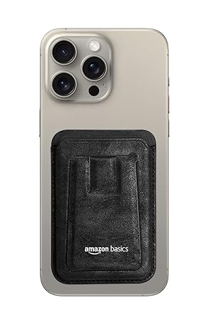 amazon basics Unisex Magnetic Magsafe Wallet | Secure-Grip Finger Loop | Vegan Leather (Black) - image, photos