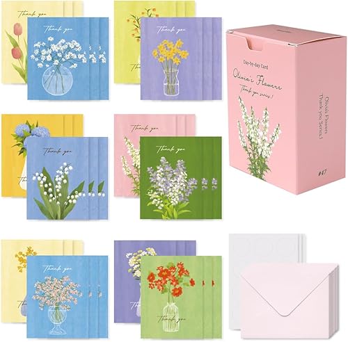 Monolike Tarjeta de día a día, gracias - Serie Flores de Olivia.1 - Mezcla de 36 mini tarjetas individuales, 36 sobres, 36 calcomanías