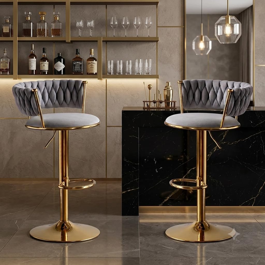 Bar Stool Set of 2, Grey Velvet Tufted Swivel Chairs with Footrest for Kitchen, Cafeteria, Gold Metal Base, Height Adjustable-image-27