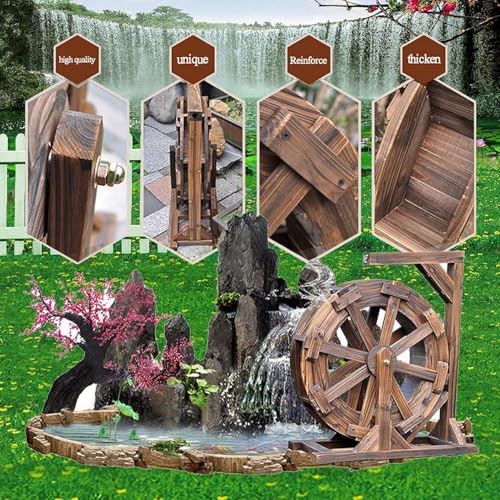 Rustykalna drewniana fontanna z kołem wodnym na świeżym powietrzu, naturalna dekoracja stawu kaskadowego do ogrodu, na patio, spinningowy ornament