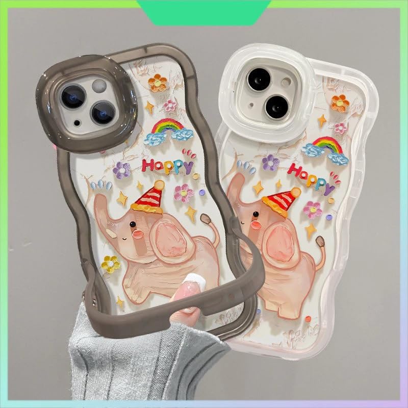 Image of COVERLY 3D Cute New Baby Elephant Cartoon Rainbow Star Floral Decor Wave Curly Edge Invisible Double Phone Stand Holder Happy Dance Cover Girly Charm Case for Apple iPhone 15 Pro Max (White Color)