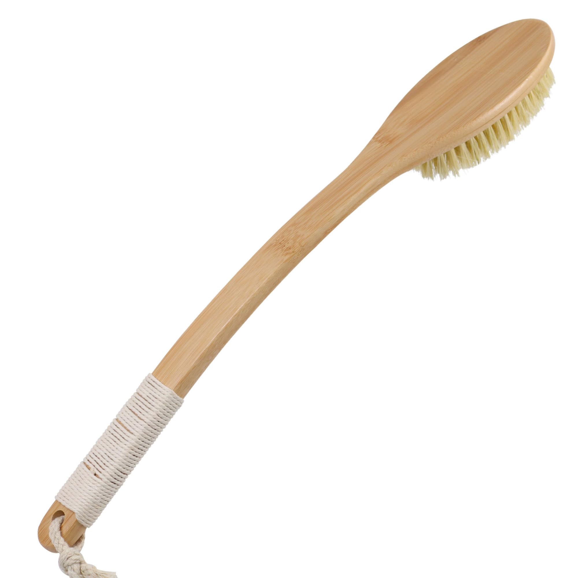 OWIIZI Back Scrubber Brush for Shower,Curved Extra Long Handle Bamboo Stiff Bristle Body Brush for Exfoliating,Natural Stiff Sisal Shower Scrubber for Back Use Wet or Dry-17.9inches
