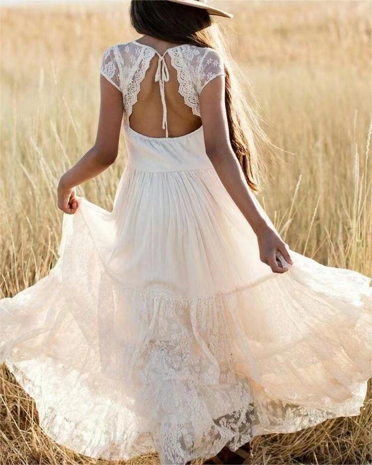 BIBIHOU Girls' Dresses, Floral Lace Backless Party Layered Formal Long Flower Girl Dress, 14 Years2