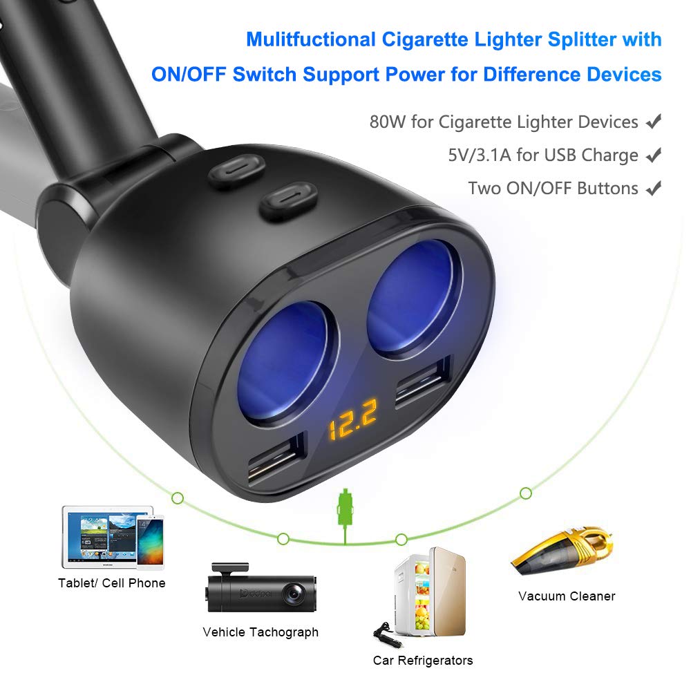 Caricabatteria Auto 5 In 1 | Doppia USB 2.4A, Tipo C, 2 Prese Accendisigari 80W, Display Tensione - Foto 2