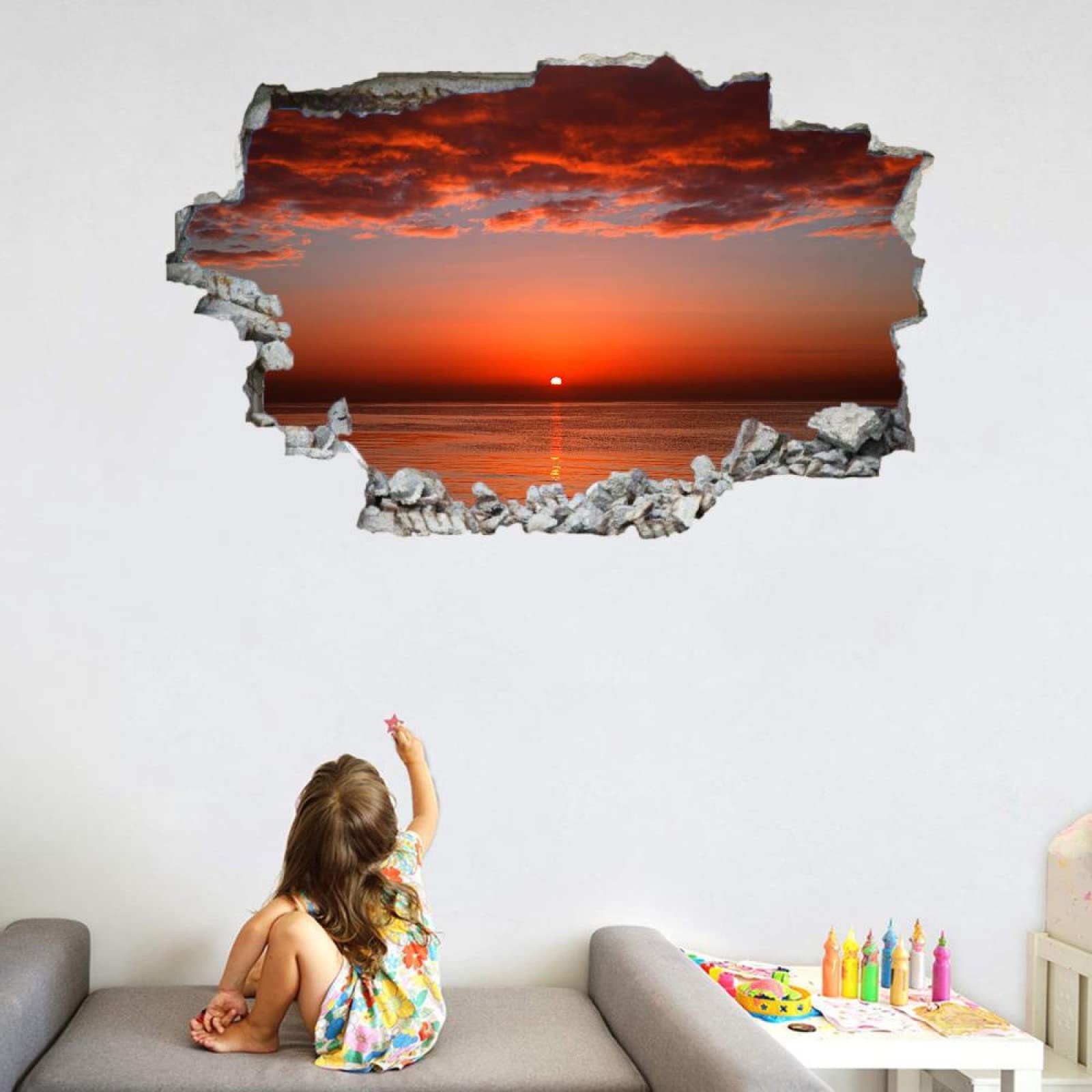 Sonnenaufgang 3D Wandaufkleber, Wolken Durchbruch Wandtattoos Deko Wand Selbstklebend Landschaft, Wand Aufkleber Wanddurchbruch Wandsticker für Zuhause, Badezimmer, Schlafzimmer, Wohnzimmer