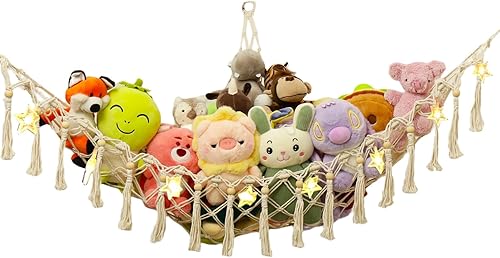 Red de animales de peluche o hamaca de almacenamiento de juguetes con luz LED colgante para almacenamiento de animales de peluche para decoración de