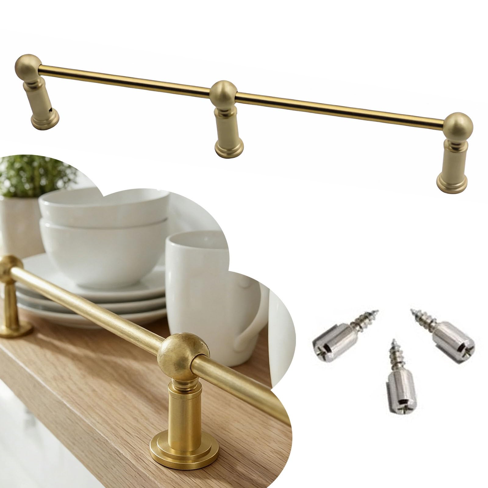 Set di guide per mensole in ottone massiccio di alta qualità, 96 cm, con 3 pali e viti, accessorio in pelliccia per la casa e la prevenzione delle ribaltamenti