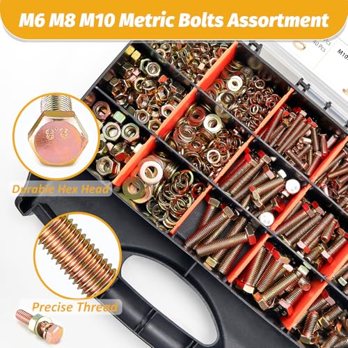 Image of Kadrick 820Pcs Grade 8.8 Metric Bolt Assortment, M6 M8 M10 Hex Heavy Duty Bolts and Nuts Kit,M6 x1.0 M8 x1.25 M10-1.5 (12mm to 45mm),Yellow Zinc Plated