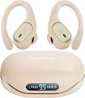 Basike Fone de Ouvido Bluetooth Esportivo TWS 6.0, Som Hi-Fi Estéreo, Intra-Auricular, IPX5 à Prova d’Água, 3 Tamanhos de Pontas para Atividades ao Ar Livre – Bege Claro