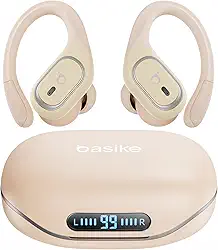 Basike Fone de Ouvido Bluetooth Esportivo TWS 6.0, Som Hi-Fi Estéreo, Intra-Auricular, IPX5 à Prova d’Água, 3 Tamanhos de Pontas para Atividades ao Ar Livre – Bege Claro