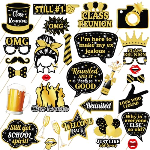 Class Reunion Photo Booth Props 39Pcs Black and Gold School Reunion Party Decorations Back to School Funny Selfie Props for Welcome Back Party Supplies