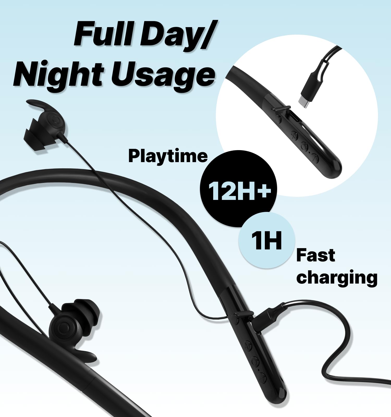 Hmusic Cuffie Bluetooth Sleep con archetto da collo, auricolari wireless per dormire, 12+ ore di riproduzione, auricolari in morbido silicone con microfono per insonnia, dormire, russare, rilassamento