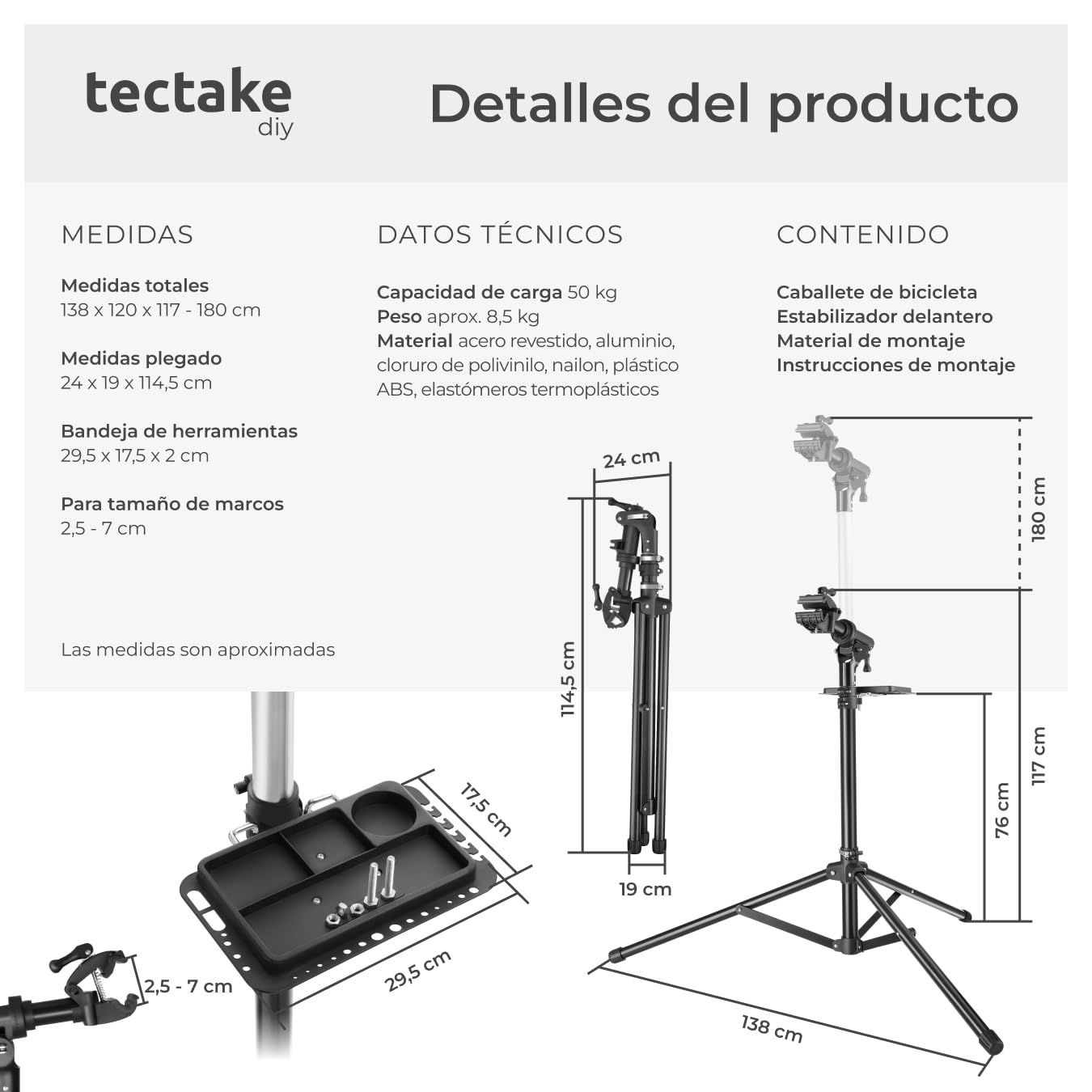 tectake® Soporte Bicicleta Taller, Bandeja Magnética Giratoria, Caballete Bicicleta Plegable, Herramientas Bicicleta Eléctrica Montaña o Carretera, Soporte Taller Bicicleta Ajustable, Carga Max 50 kg
