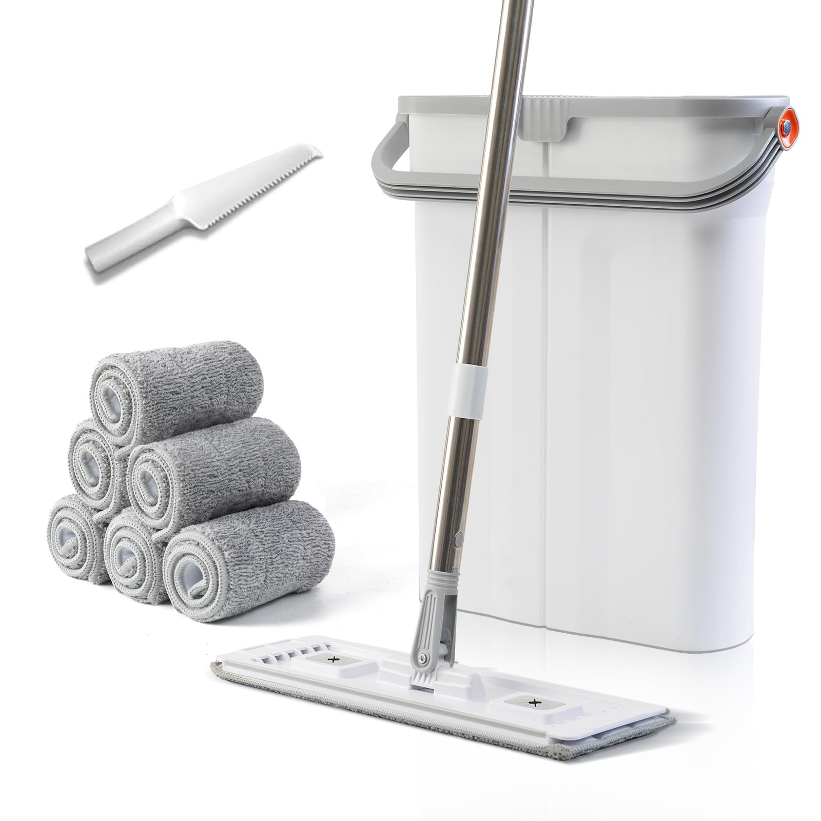 Mop and Bucket Set with Wringer Flat Mop Bucket System for Home Floor Cleaning,6 Reusable Microfiber Pads,Extended Stainless Steel Handle,Ideal for Hardwood,Wood,Laminate Floors,and Bathroom Mop