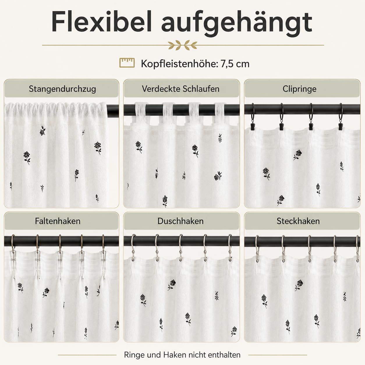 Voile Vorhänge mit Kräuselband Halbtransparent 2er Set, Rosenstickerei Weiß