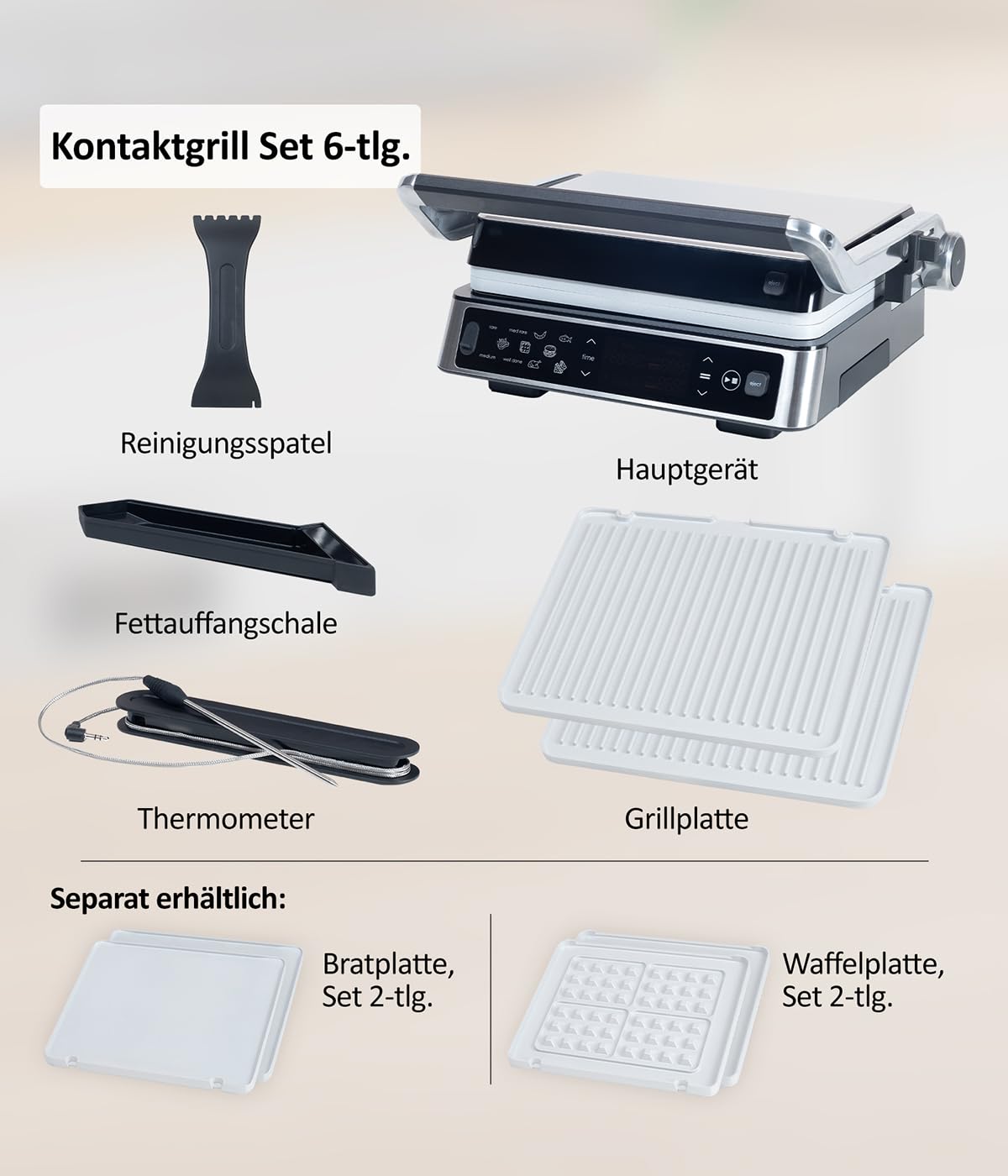 Genius Chef Kontaktgrill, Elektrogrill Edelstahl für Sandwiches Steak, abnehmbare Grillplatten, Sandwichtoaster, inkl. 2 Grillplatten, Set 6- tlg, Grau