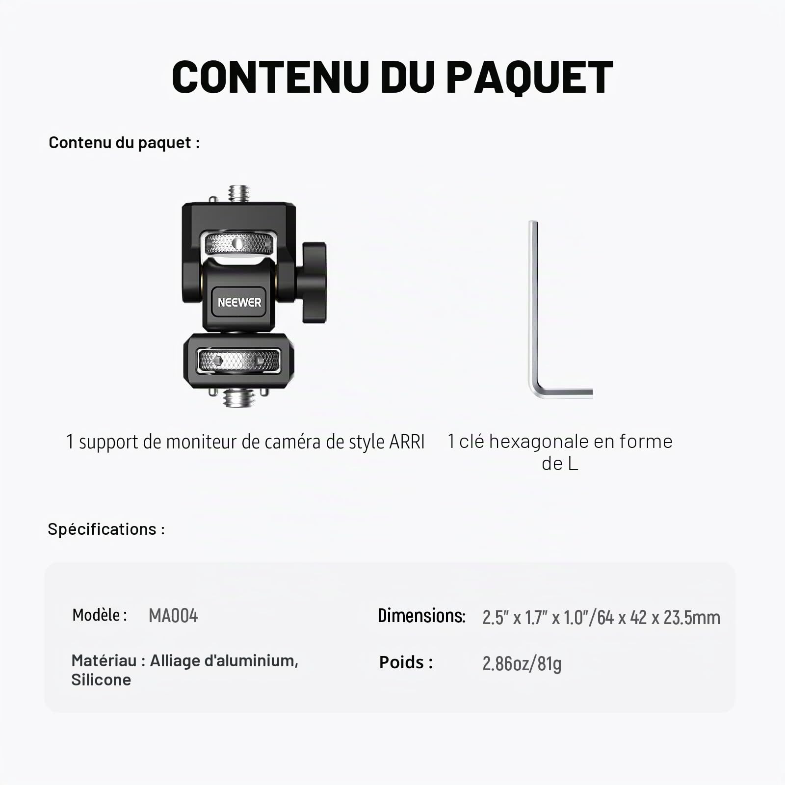 NEEWER Support de Moniteur d'appareil Photo avec vis moletée de localisation Arri 3/8", vis 1/4" pour Moniteur 5" et 7", Compatible avec Atomos Ninja V, pivotant à 360° et Amortissement d'inclinaison