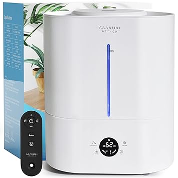 ASAKUKI Humidifiers for Bedroom Large Room, 4L Cool Mist Top Fill Air Humidifier with LED Display & Oil Diffuser, Humidity Control, Sleep Mode, Ultrasonic Vaporizer Quiet for Baby, Kids, Plants, White
